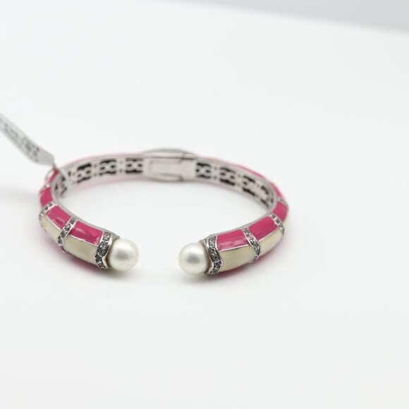 Sterling Silver Bangle Cuff Bracelet Pink and White Enamel Quartz stones and Pea - Picture 6 of 10